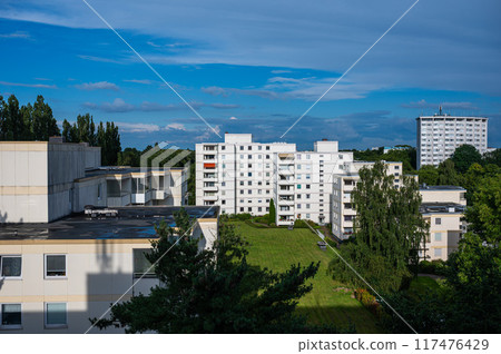 Bremen, Germany, July 16, 2024 - High angle over the suburbs with apartment blocks Bremen, Germany, July 16, 2024 - High angle over the suburbs with apartment blocks 117476429