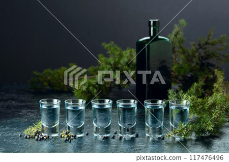 Glasses of gin, juniper berries, and vintage bottle. Glasses of gin, juniper berries, and vintage bottle. 117476496