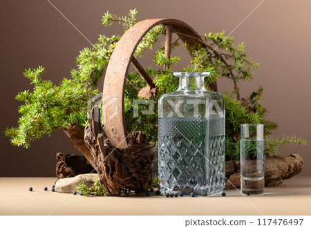 Gin in decanter with rusty iron wheel, old snags, and juniper branches. Gin in decanter with rusty iron wheel, old snags, and juniper branches. 117476497