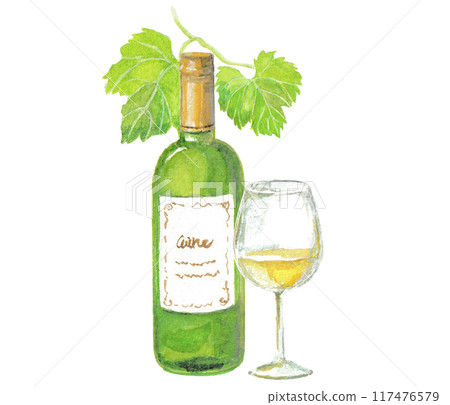 White wine bottle and glass painted with watercolors White wine bottle and glass painted with watercolors 117476579