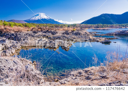 [山梨縣] 從本棲湖畔的熔岩區看到的富士山 117476642