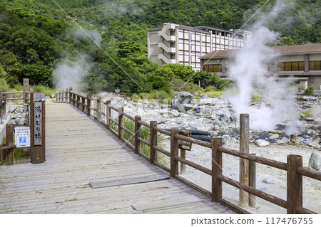 The smell of sulfur wafts through the air at Unzen Jigoku: Yukemuri Bridge (Obama-cho, Unzen City, Nagasaki Prefecture) 117476755