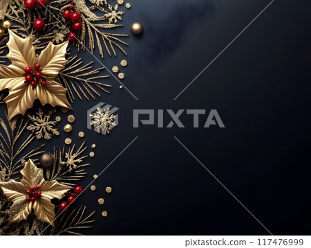 Elegant Black Friday Sale Banner with Luxurious Gold Holiday Accents and Seasonal Patterns 117476999
