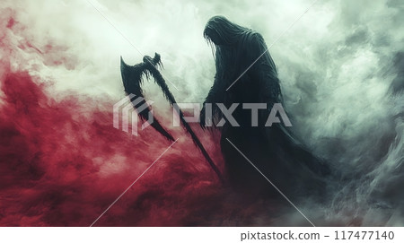 Sinister Reaper Emerging from Shadows Scythe in Hand Surrounded by Eerie Mist 117477140