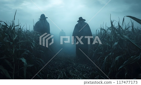 Haunting Corn Maze with Creepy Scarecrows and Eerie Fog   Chilling Halloween Adventure 117477173