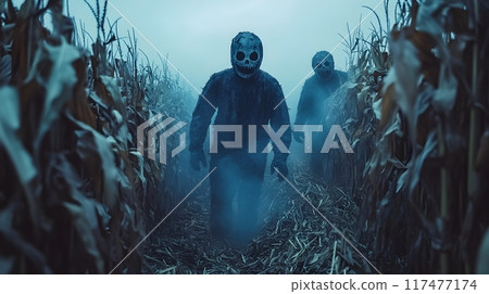 Haunting Corn Maze Adventure with Creepy Scarecrows and Eerie Fog at Halloween Event 117477174