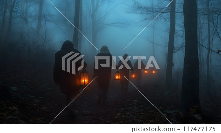Haunting Figures Holding Lanterns in a Misty Spooky Forest at Night Haunting Figures Holding Lanterns in a Misty Spooky Forest at Night 117477175
