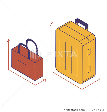 Illustration showing the length, width and depth of luggage 117477331