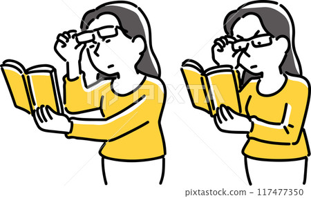 A woman takes off her glasses because she can't see the words in a book 117477350