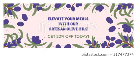 Promotional Horizontal Banner with Purple Olive Branches and Green Leaves. Highlight special offer 20 percent off, emphasizing premium quality products 117477374