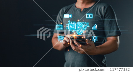 Man touch icon ai and use smartphone, Marketers education, research, analyze media video streaming content creation and online marketing strategies to grow their digital business. 117477382