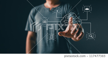 man touch cloud computing diagram show on hand. Data storage.Cloud technology.Secure backup Networking and internet service concept.Implementation storage technology in business. IT support. man touch cloud computing diagram show on hand. Data storage.Cloud technology.Secure backup Networking and internet service concept.Implementation storage technology in business. IT support. 117477383