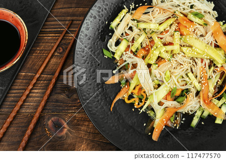 Enoki mushroom spicy salad. Enoki mushroom spicy salad. 117477570