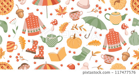 Autumn elements seamless pattern, cute hand drawn seasonal objects. Fall season cozy elements background. Illustration in flat style 117477576