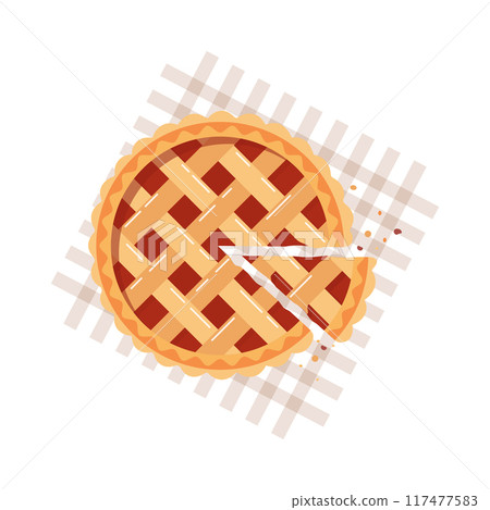 Cut pie top view on checkered napkin. Cooked delicious round cake, dessert, food illustration Cut pie top view on checkered napkin. Cooked delicious round cake, dessert, food illustration 117477583
