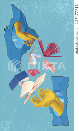 Human hand and open books over abstract background. Contemporary art collage. Concept of education, reading, knowledge. Design Human hand and open books over abstract background. Contemporary art collage. Concept of education, reading, knowledge. Design 117477718