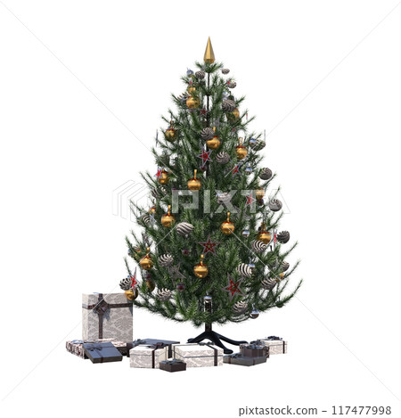 Christmas tree with decorations, isolate on a transparent background, 3d illustration, cg render Christmas tree with decorations, isolate on a transparent background, 3d illustration, cg render 117477998