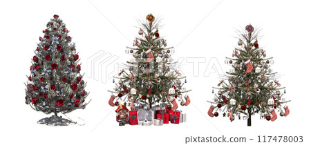 Christmas tree with decorations, isolate on a transparent background, 3d illustration, cg render Christmas tree with decorations, isolate on a transparent background, 3d illustration, cg render 117478003