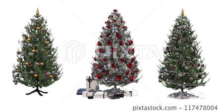 Christmas tree with decorations, isolate on a transparent background, 3d illustration, cg render Christmas tree with decorations, isolate on a transparent background, 3d illustration, cg render 117478004