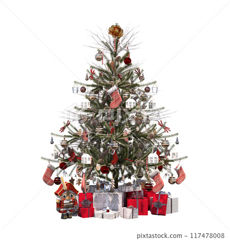 Christmas tree with decorations, isolate on a transparent background, 3d illustration, cg render 117478008