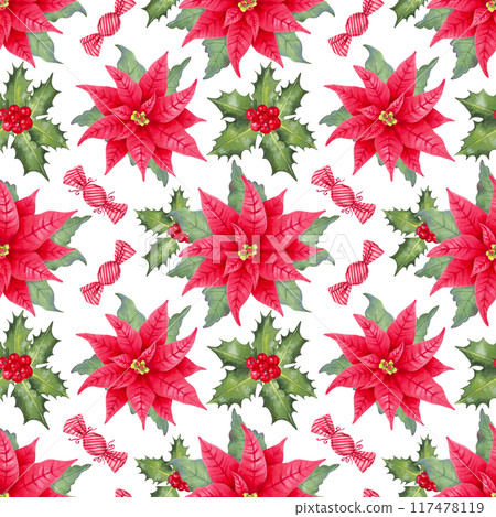 Poinsettia flower with caramel candies, holly berries and leaves. Hand drawn seamless pattern isolated from background. Watercolor, marker illustration. Wallpaper for Christmas and New Year holidays. Poinsettia flower with caramel candies, holly berries and leaves. Hand drawn seamless pattern isolated from background. Watercolor, marker illustration. Wallpaper for Christmas and New Year holidays. 117478119
