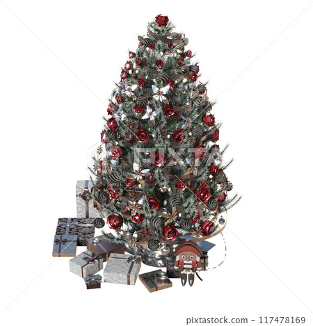 Christmas tree with decorations, isolate on a transparent background, 3d illustration, cg render Christmas tree with decorations, isolate on a transparent background, 3d illustration, cg render 117478169