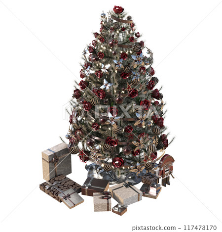Christmas tree with decorations, isolate on a transparent background, 3d illustration, cg render Christmas tree with decorations, isolate on a transparent background, 3d illustration, cg render 117478170
