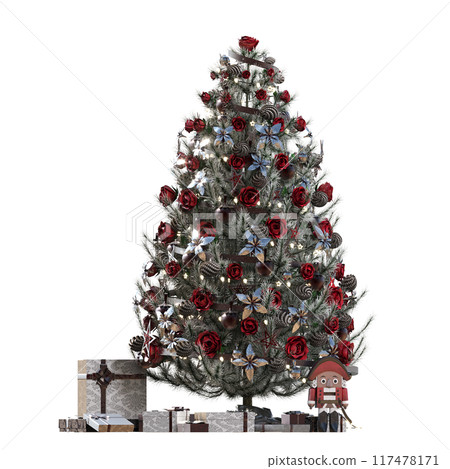 Christmas tree with decorations, isolate on a transparent background, 3d illustration, cg render Christmas tree with decorations, isolate on a transparent background, 3d illustration, cg render 117478171