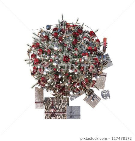 Christmas tree with decorations, isolate on a transparent background, 3d illustration, cg render 117478172