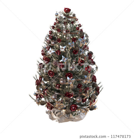 Christmas tree with decorations, isolate on a transparent background, 3d illustration, cg render Christmas tree with decorations, isolate on a transparent background, 3d illustration, cg render 117478173