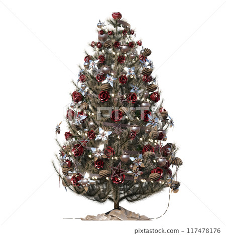Christmas tree with decorations, isolate on a transparent background, 3d illustration, cg render 117478176