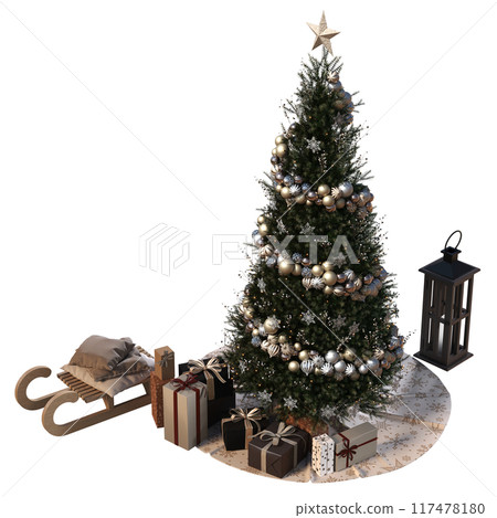 Christmas tree with decorations, isolate on a transparent background, 3d illustration, cg render 117478180
