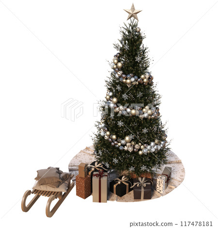 Christmas tree with decorations, isolate on a transparent background, 3d illustration, cg render 117478181