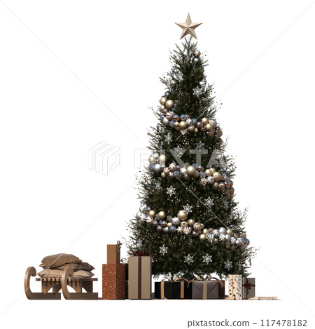 Christmas tree with decorations, isolate on a transparent background, 3d illustration, cg render 117478182