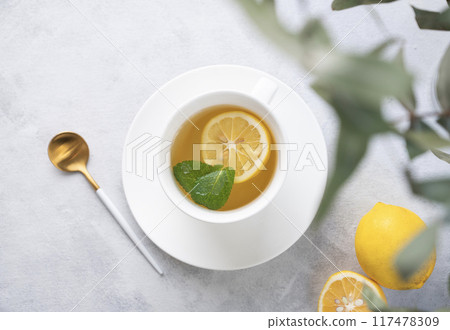 Herbal tea with lemon and mint in a white cup on a light background with eucalyptus branches  117478309