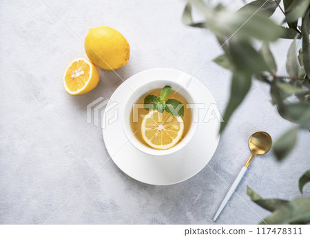 Herbal tea with lemon and mint in a white cup on a light background with eucalyptus branches  117478311