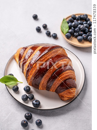 Freshly croissant with  blueberries on a white plate on a light background.  117478339