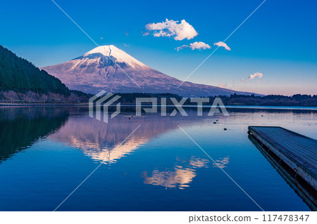 [Shizuoka Prefecture] Evening view of Mt. Fuji from the shores of Lake Tanuki 117478347
