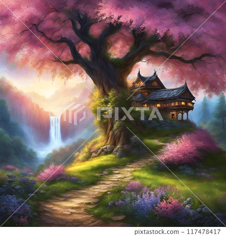 Castle and cherry blossom trees in the autumn evening 117478417