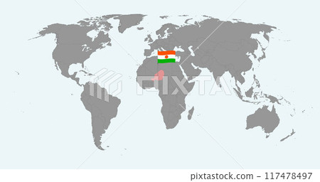Pin map with Niger flag on world map. Vector illustration. Pin map with Niger flag on world map. Vector illustration. 117478497