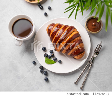 Fresh croissant with chocolate on a white plate on a light background with a blueberries 117478507