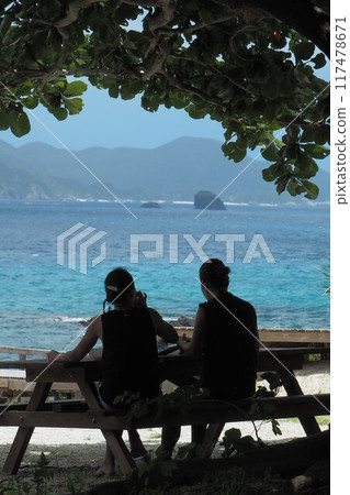 沖繩，夏天，情侶看藍色的大海，沖繩風景 117478671