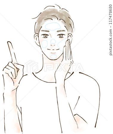 Illustration of a man pointing at UV rays and doing skin care Illustration of a man pointing at UV rays and doing skin care 117478680