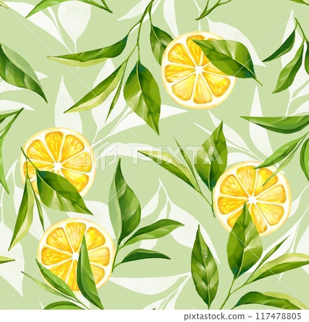 Seamless pattern with tea leaves and lemon fruit. Floral background Seamless pattern with tea leaves and lemon fruit. Floral background 117478805