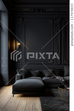 Black living room interior with sofa, minimalist interior background, 3d render 117478833