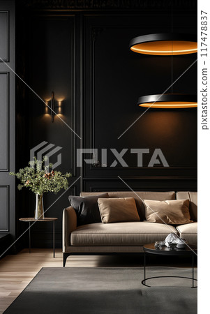 Black living room interior with sofa, minimalist interior background, 3d render 117478837