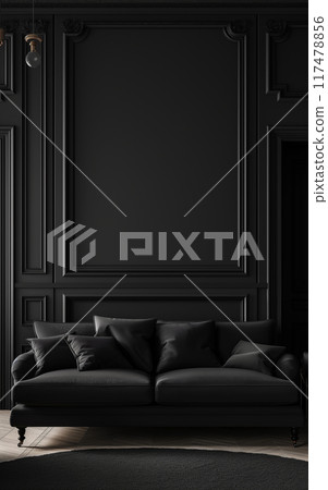 Black living room interior with sofa, minimalist interior background, 3d render 117478856