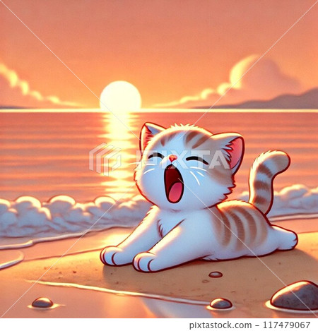 A kitten yawning on the beach with a sunset 117479067