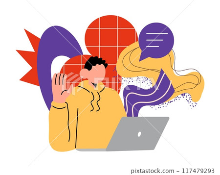 Creative profession. Man working on laptop. Freelance male character, abstract background, speech bubble. Online workplace. Internet communication. Cartoon flat style isolated vector illustration Creative profession. Man working on laptop. Freelance male character, abstract background, speech bubble. Online workplace. Internet communication. Cartoon flat style isolated vector illustration 117479293