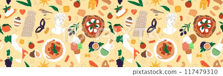 Italian food texture. Travel in Italy concept. Template for restaurant. Pizza and pasta cooking. Fresh tomato. Olive oil. Roman pattern. Ancient Pisa tower. National culture. Vector menu background 117479310